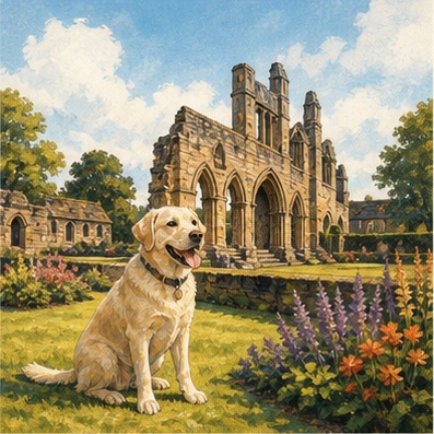 A dog visiting a historic place on a day out