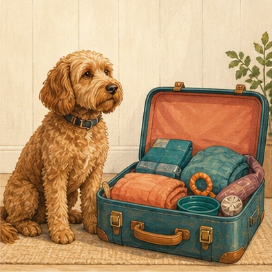 A dog beside a suitcase ready for a holiday