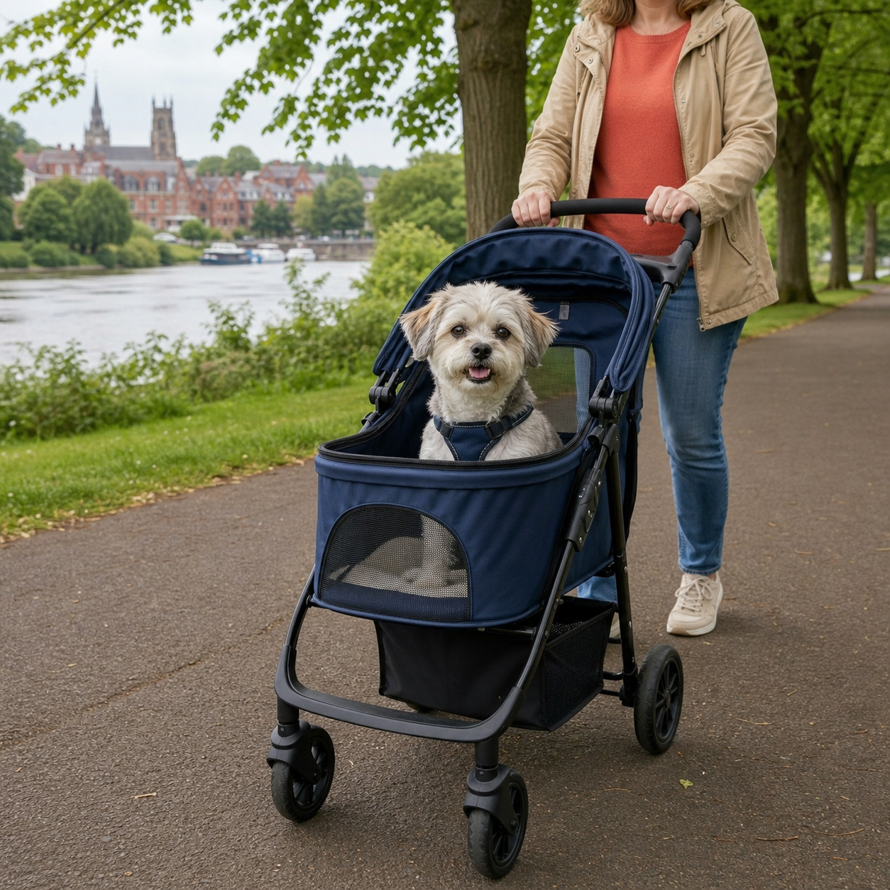 A dog enjoying a day out with practical travel equipment